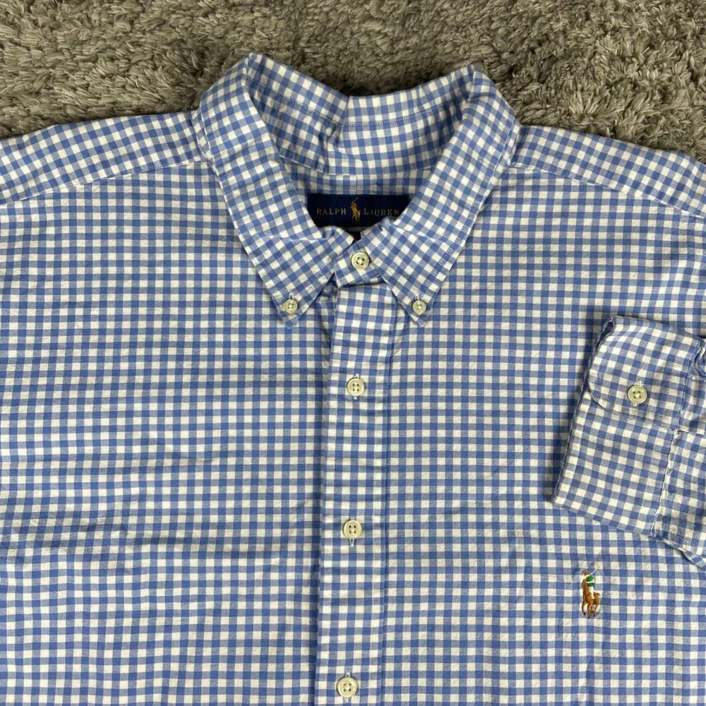 Ralph Lauren Stretch Oxford Mens 3XB Blue Gingham Button Down Long Sleeve Shirt